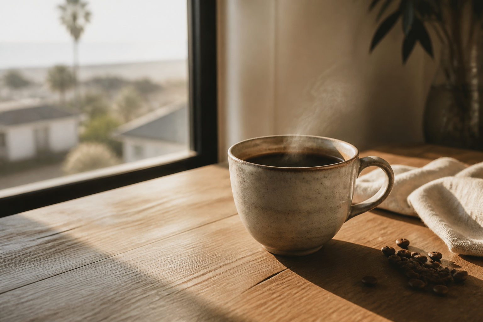 窓辺のテーブルに置かれた温かいコーヒー